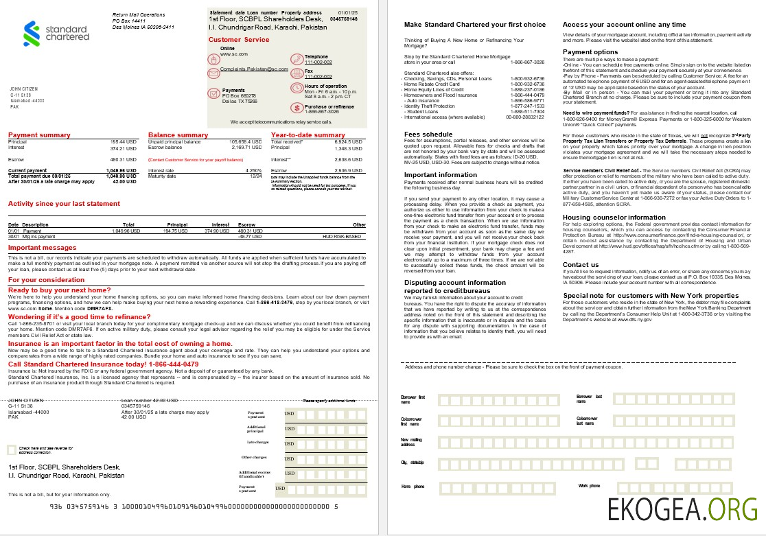 Relevé hypothécaire Standard Chartered du Pakistan aux formats Word et PDF, 2 pages